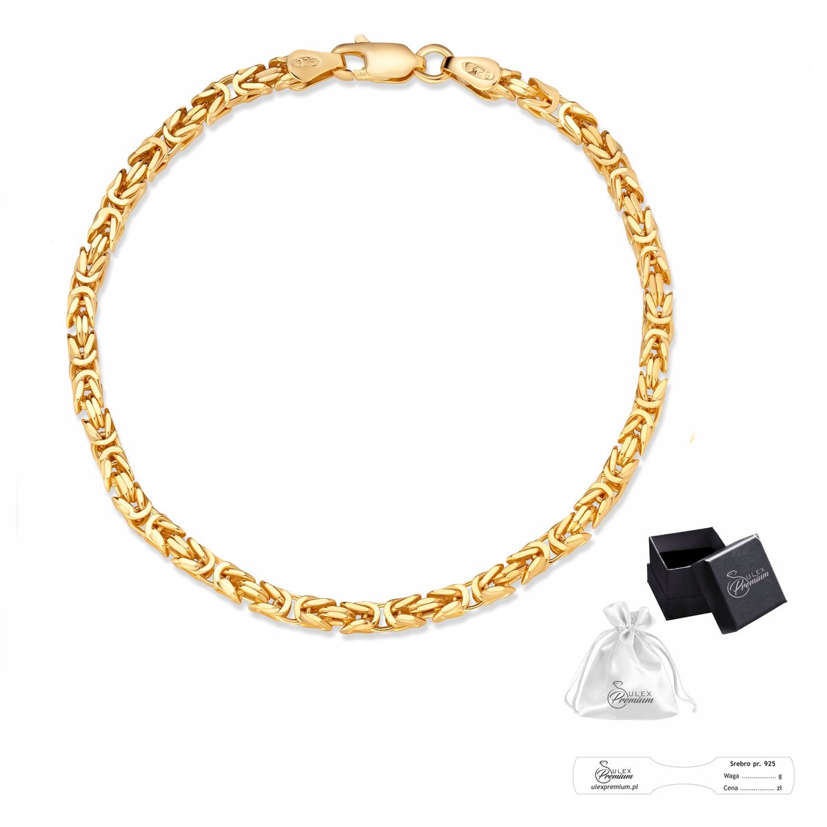 Królewska Złota Bransoletka Damska Bizantyna Srebro pr. 925 19 cm x 4 mm