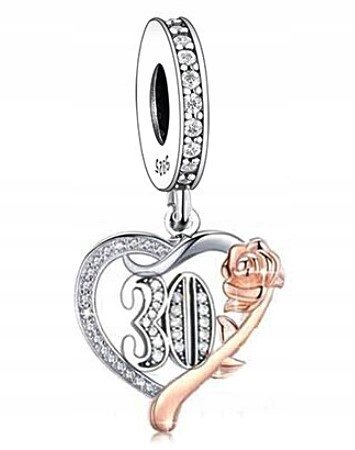 CHARMS SREBRNY NA 30 URODZINY SERCE RÓŻA 925