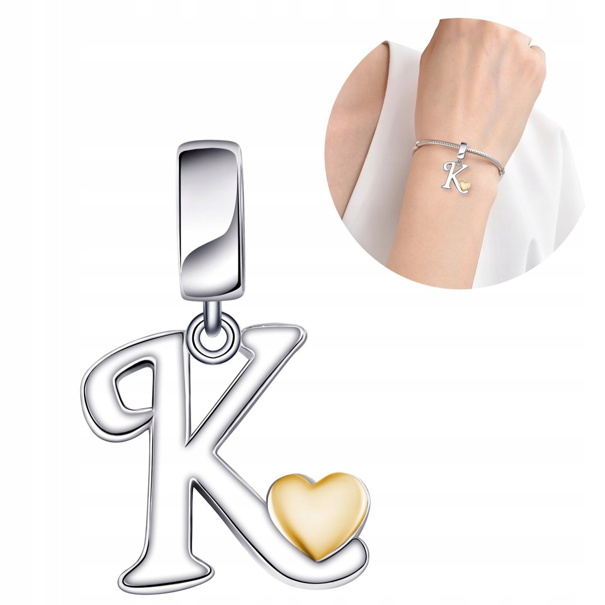 CHARMS ZAWIESZKA SREBRNA BEADS SREBRO PRÓBA 925 ORYGINALNY LITERKA K SERCE