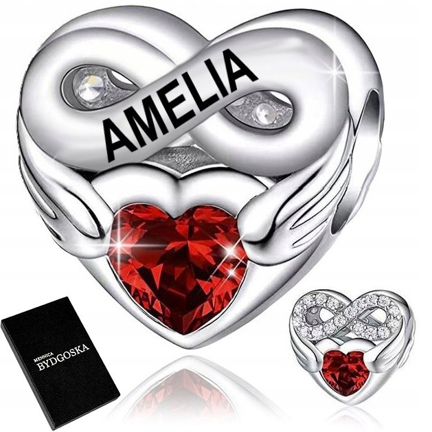 SREBRNY CHARMS ZAWIESZKA SERCE NIESKOŃCZONOŚĆ IMIĘ AMELIA AMELKA SREBRO 925