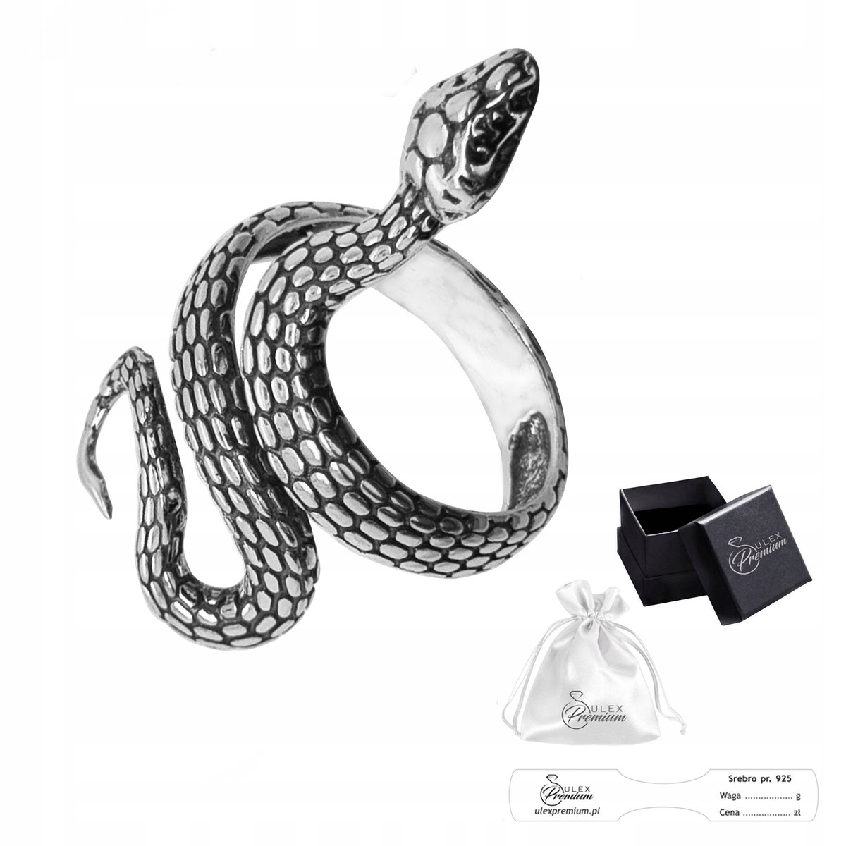 Srebro 925 Regulowany Pierścionek Żmija Oryginalny Pierścień z Motywem Węża