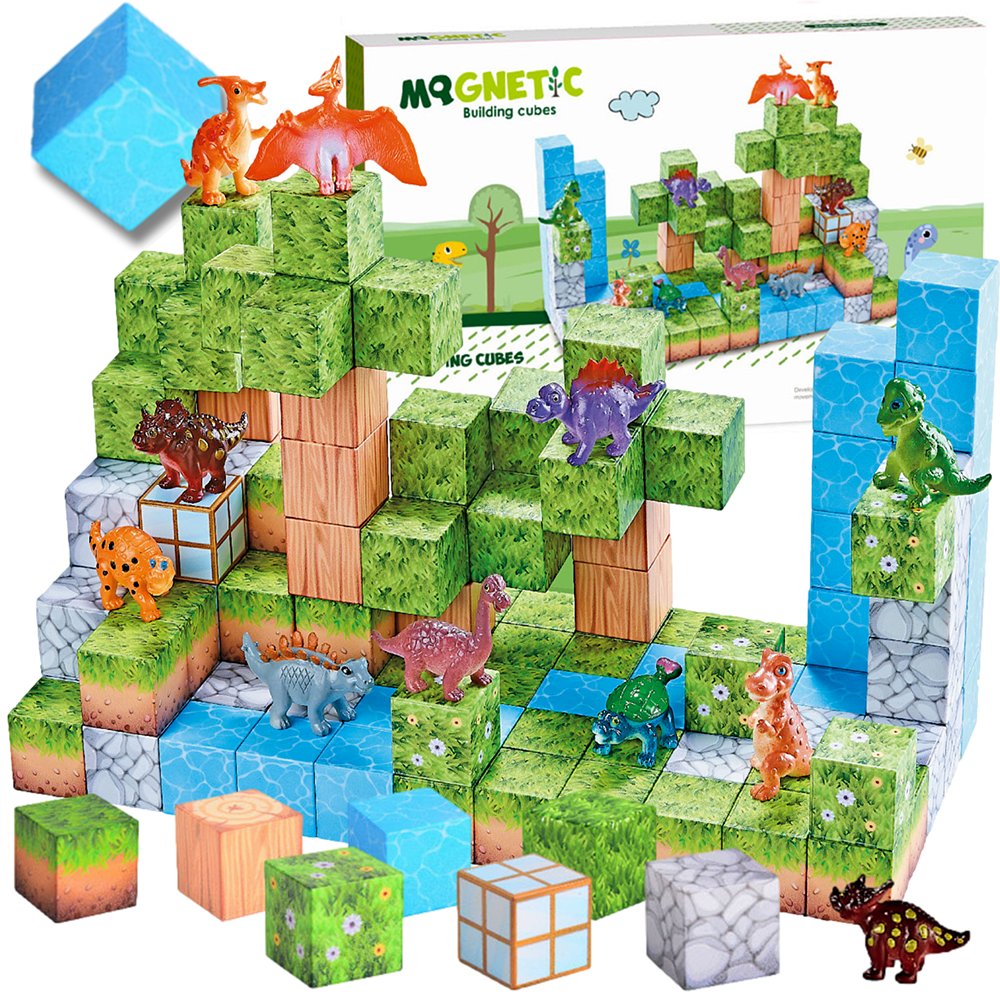 KLOCKI MAGNETYCZNE KONSTRUKCYJNE KOSTKI 3D SZEŚCIANY BLOCZKI Zestaw DINO ŚWIAT 114