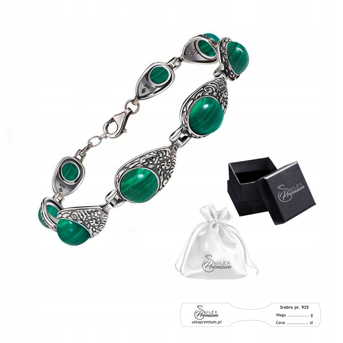 Bransoletka srebro pr. 925 Elegancka Bransoletka z Malachitem na Prezent