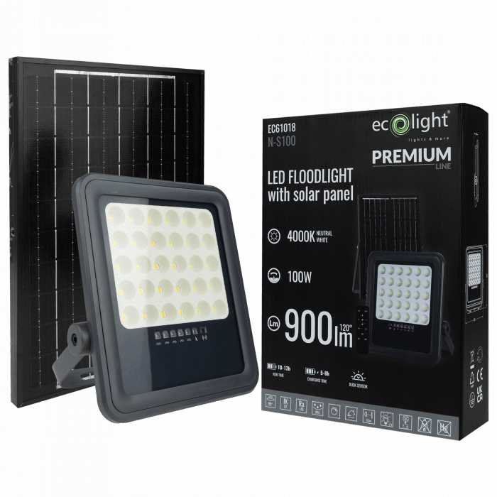 NAŚWIETLACZ LED PANEL SOLARNY 100W + PILOT CZUJNIK ZMIERZCHU IP65 NEUTRALNY