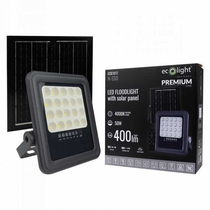 NAŚWIETLACZ LED PANEL SOLARNY 50W + PILOT CZUJNIK ZMIERZCHU IP65 NEUTRALNY