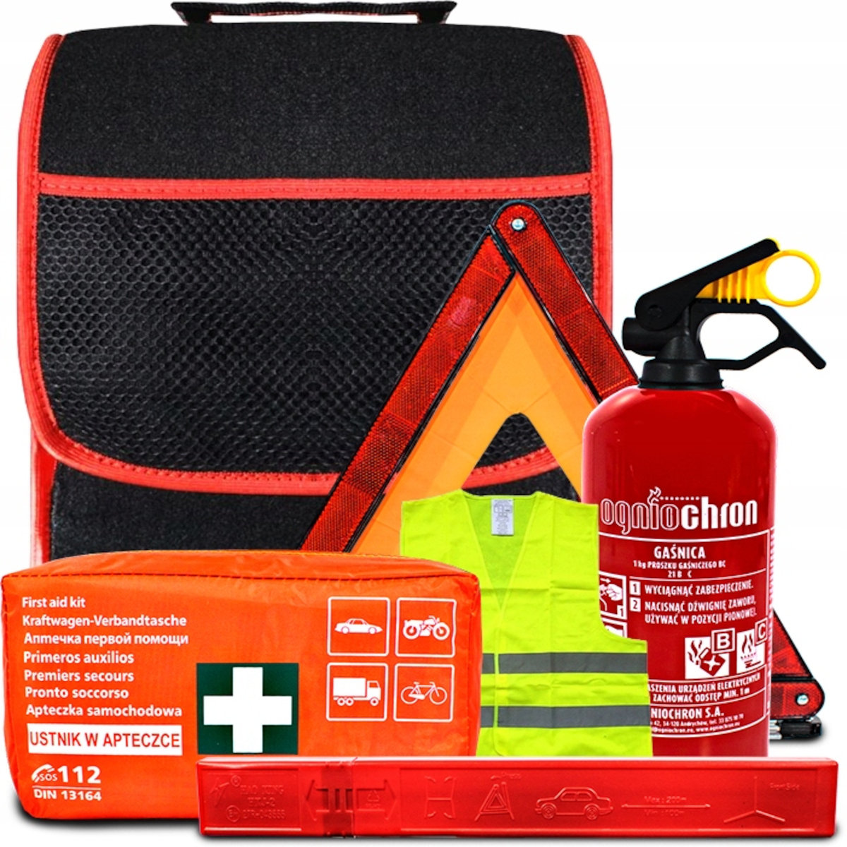 ZESTAW PIERWSZEJ POMOCY W TORBIE APTECZKA TRÓJKĄT GAŚNICA KAMIZELKA TORBA
