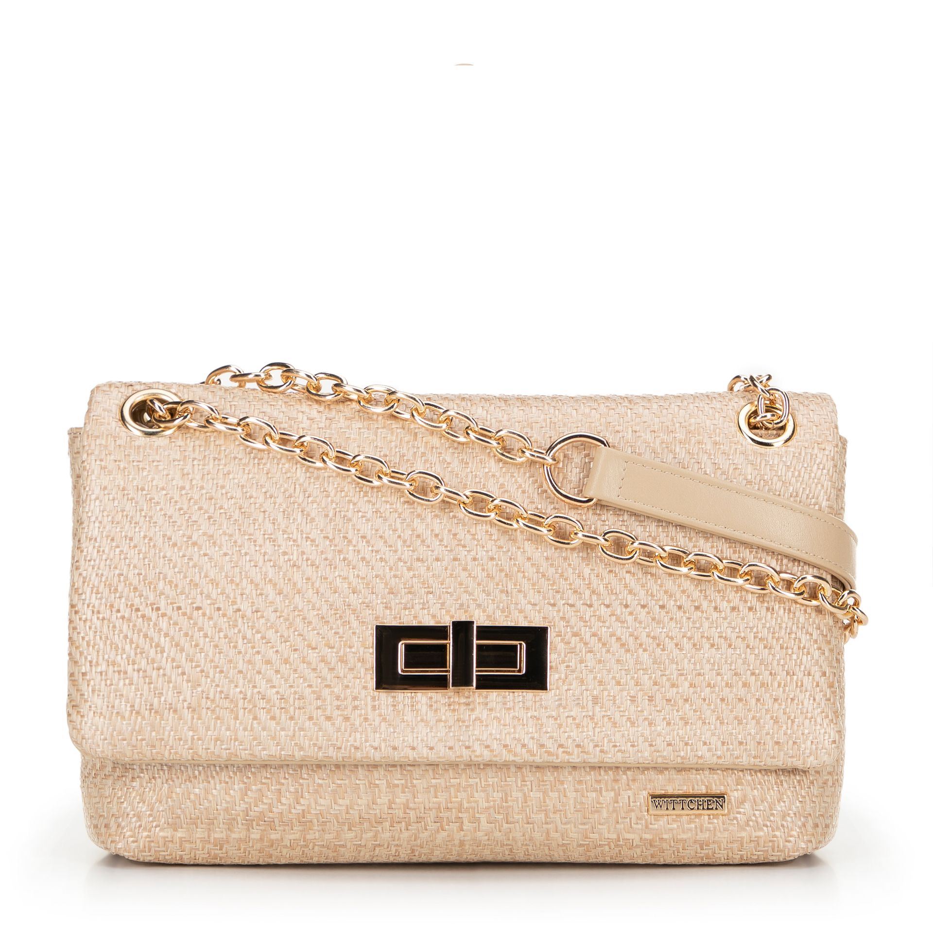 Damska crossbody z plecionki na łańcuszku beżowa
