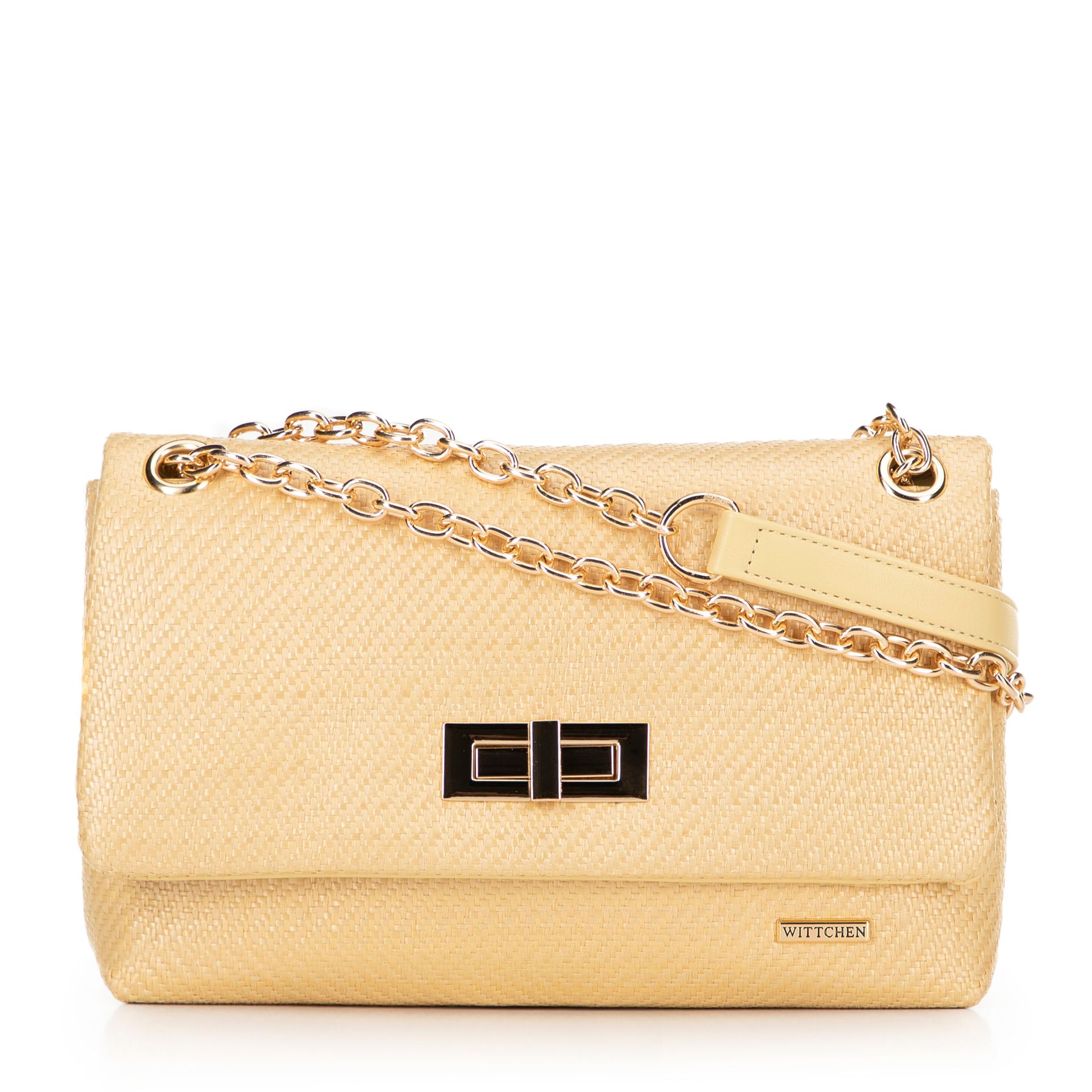 Damska crossbody z plecionki na łańcuszku żółta