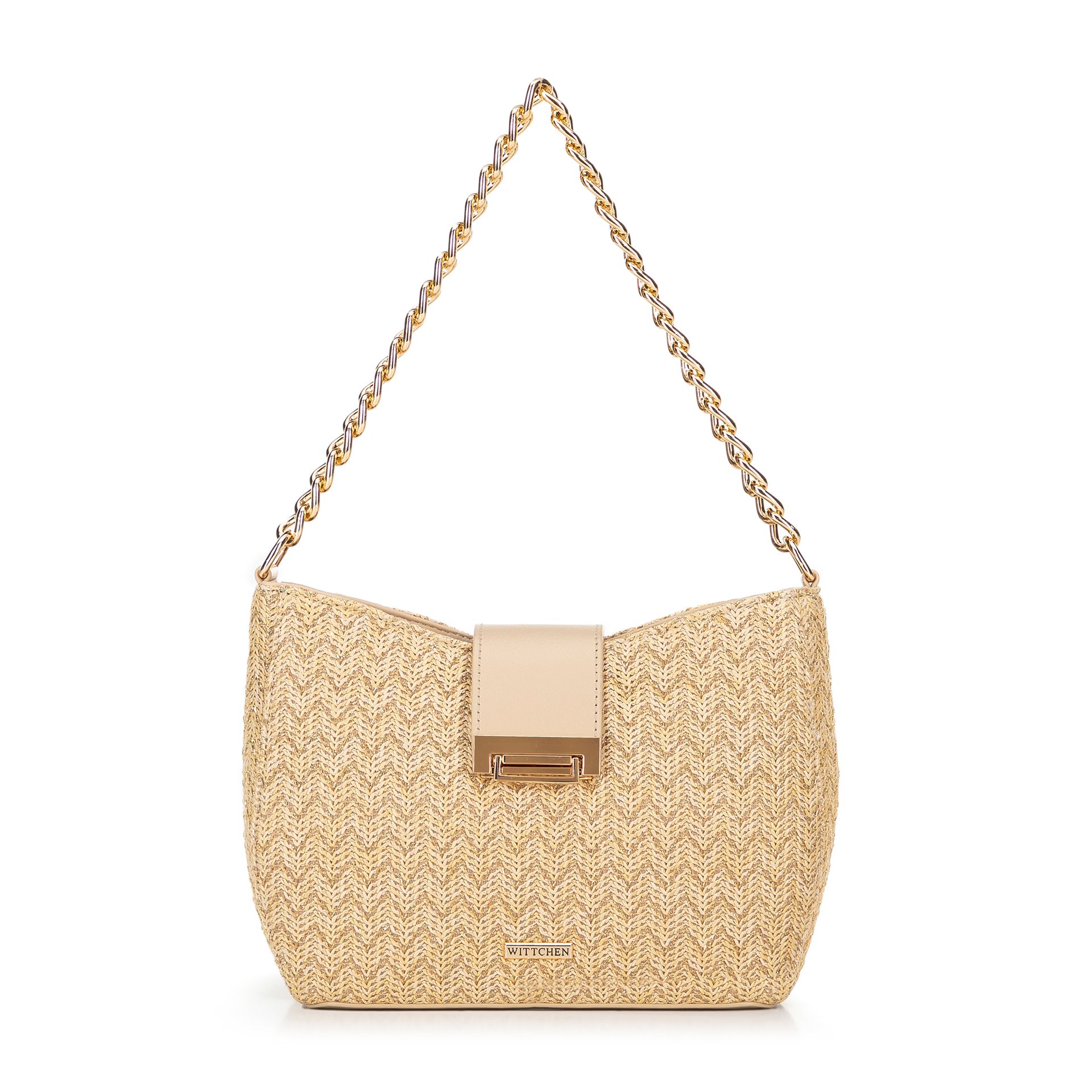 Damska torebka crossbody pleciona beżowo - złota
