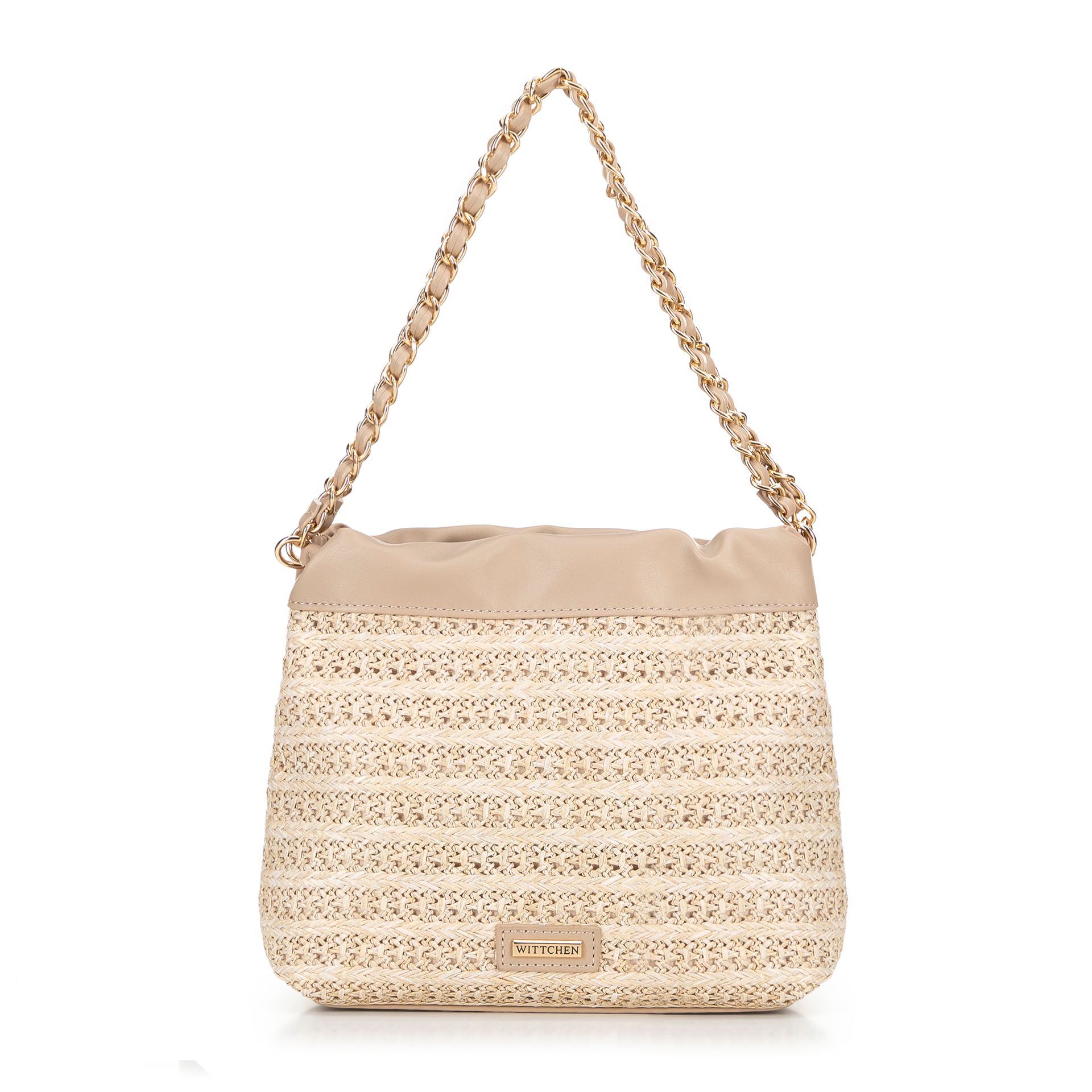 Pleciona torebka crossbody z łańcuszkami beżowa