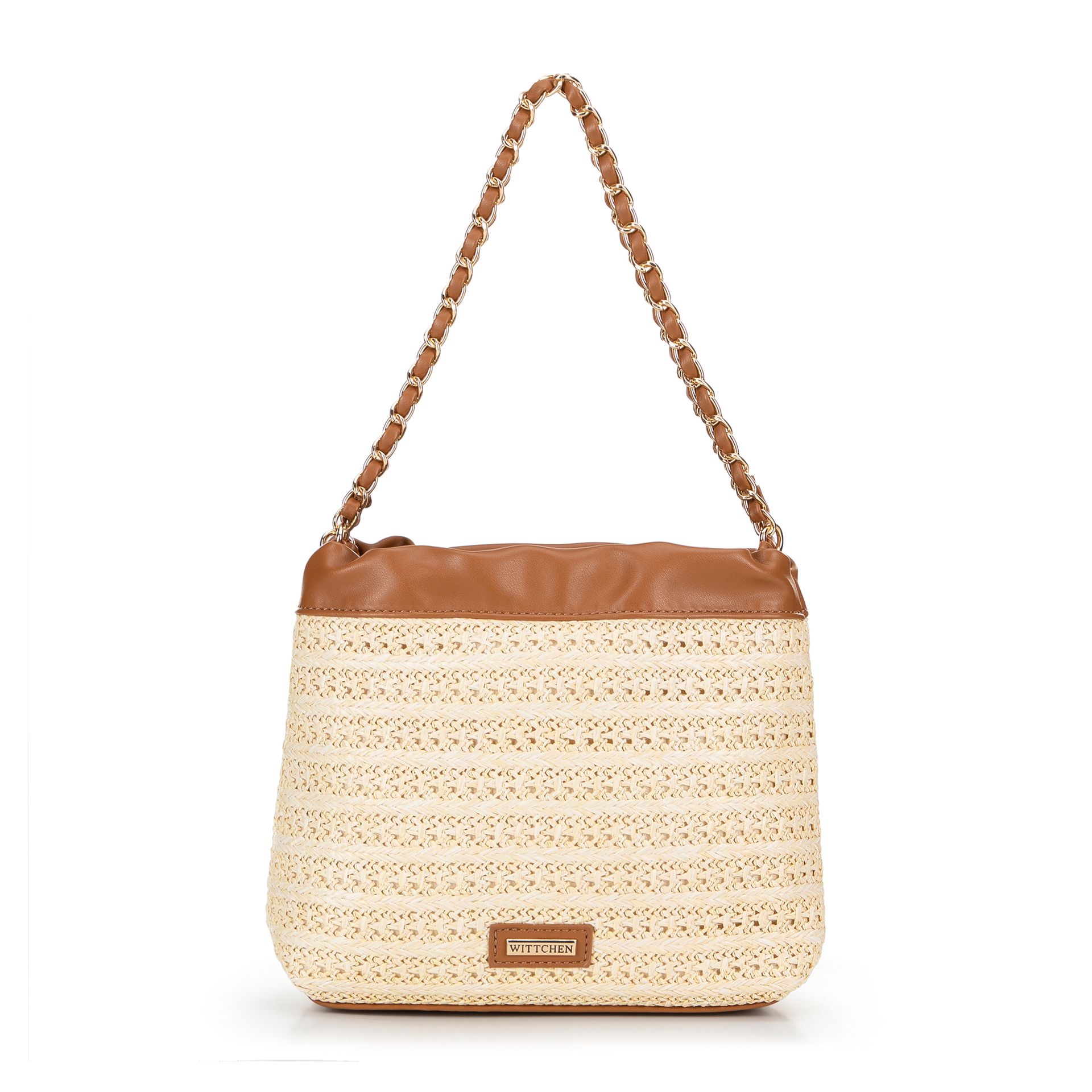 Pleciona torebka crossbody z łańcuszkami beżowo - brązowa