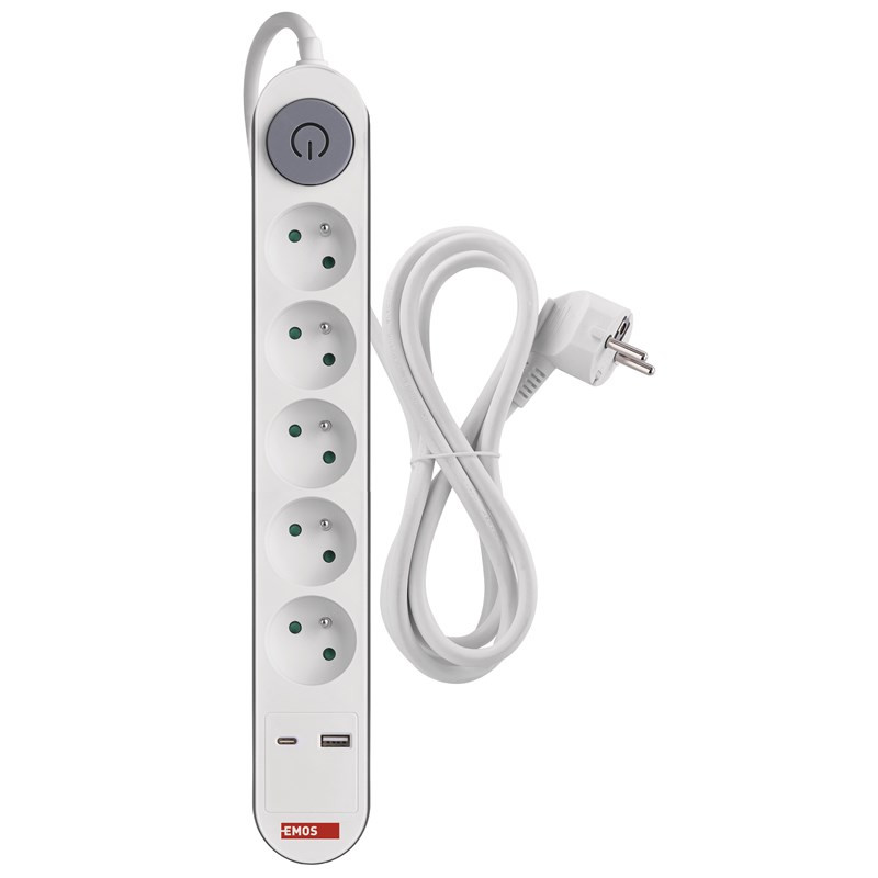 Przedłużacz EMOS Fast Charging, 5x zásuvka, 1×USB-A + 1×USB-C vypínač, 3m