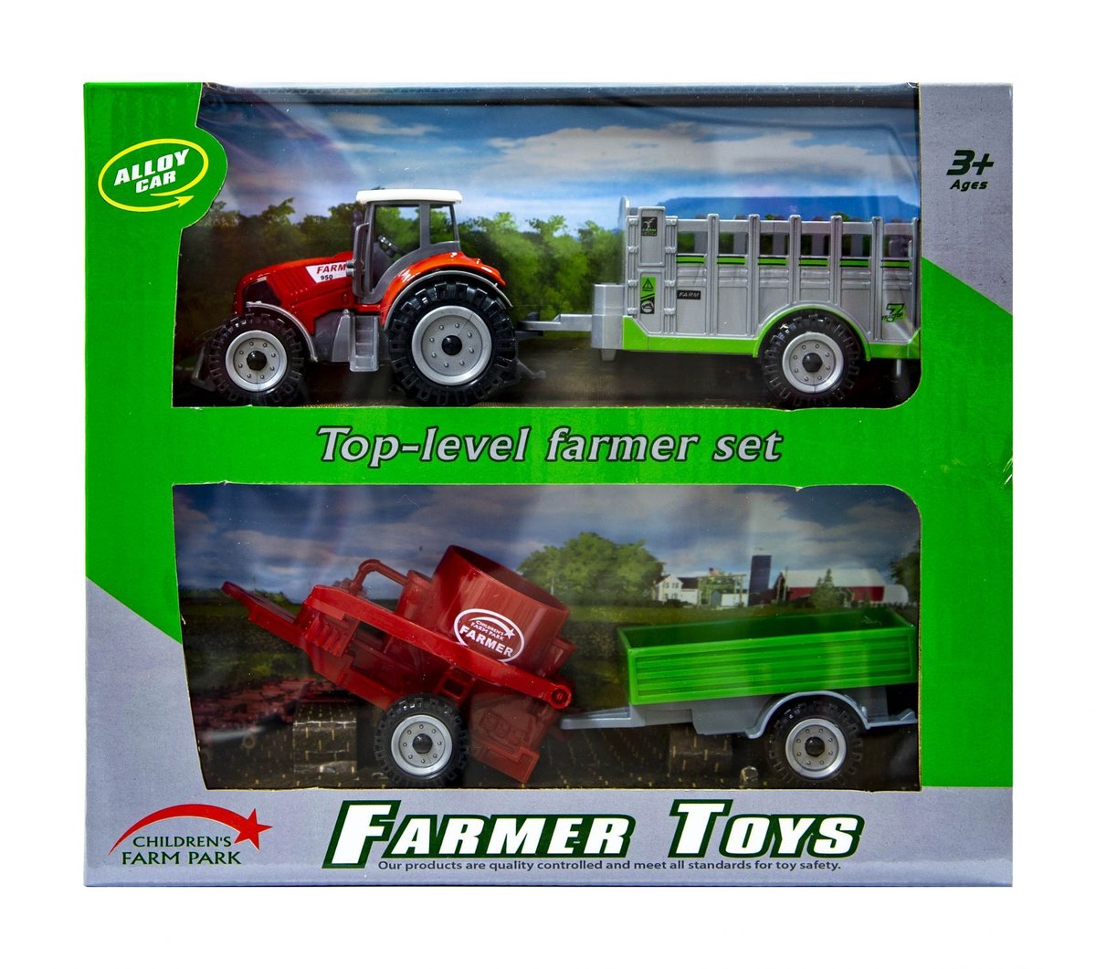 CZERWONY TRAKTOR Z WYMIENNYMI PRZYCZEPAMI
