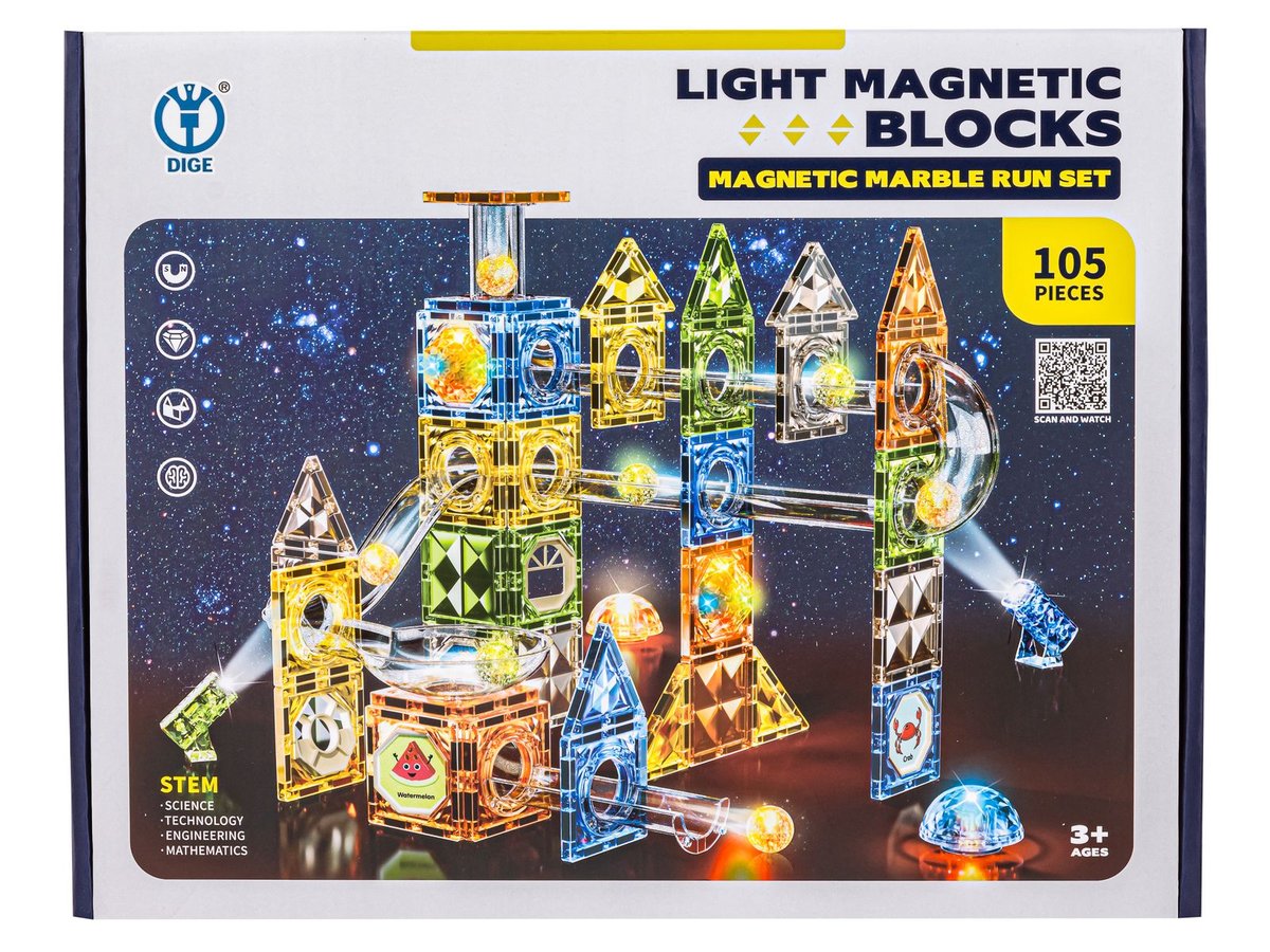 ZESTAW KLOCKI MAGNETYCZNE KONSTRUKCYJNE ŚWIECĄCE ELEMENTY