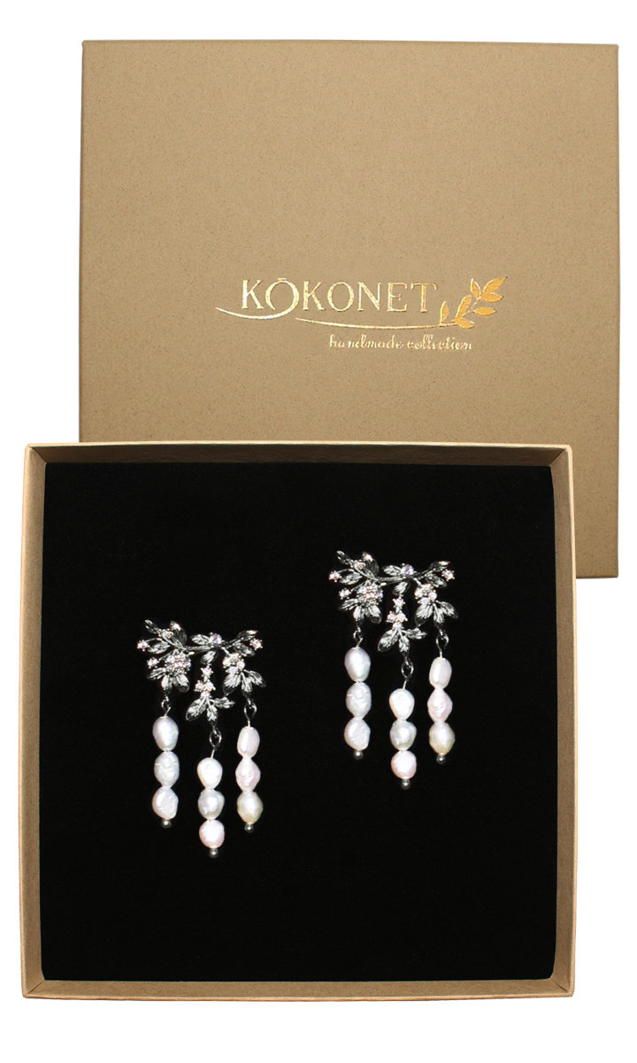 Srebrne kolczyki listki perły SŁODKOWODNE sztyft wiszące eleganckie robione