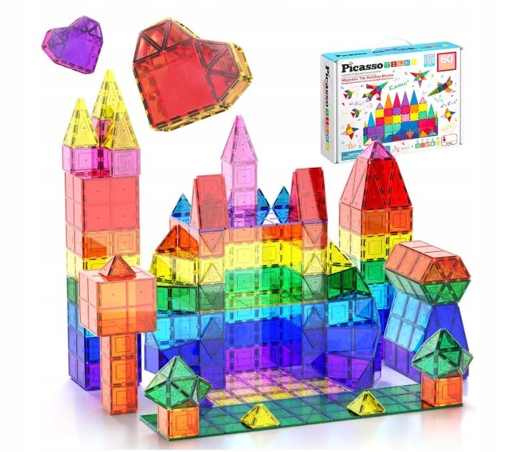 PICASSO TILES PT60 Klocki magnetyczne 3D Montessori 60 elementów KOLOROWE
