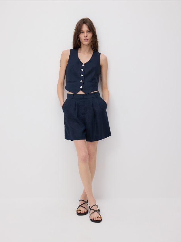 Reserved - Lniane bermudy z zakładkami - granatowy