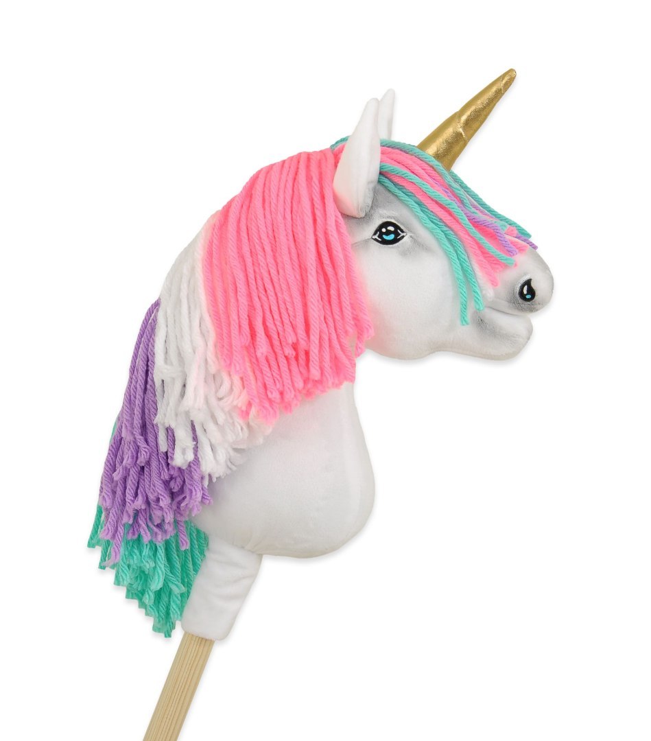 Hobby Horse Jednorożec na kiju mały biały z kolorową grzywą i złotym rogiem