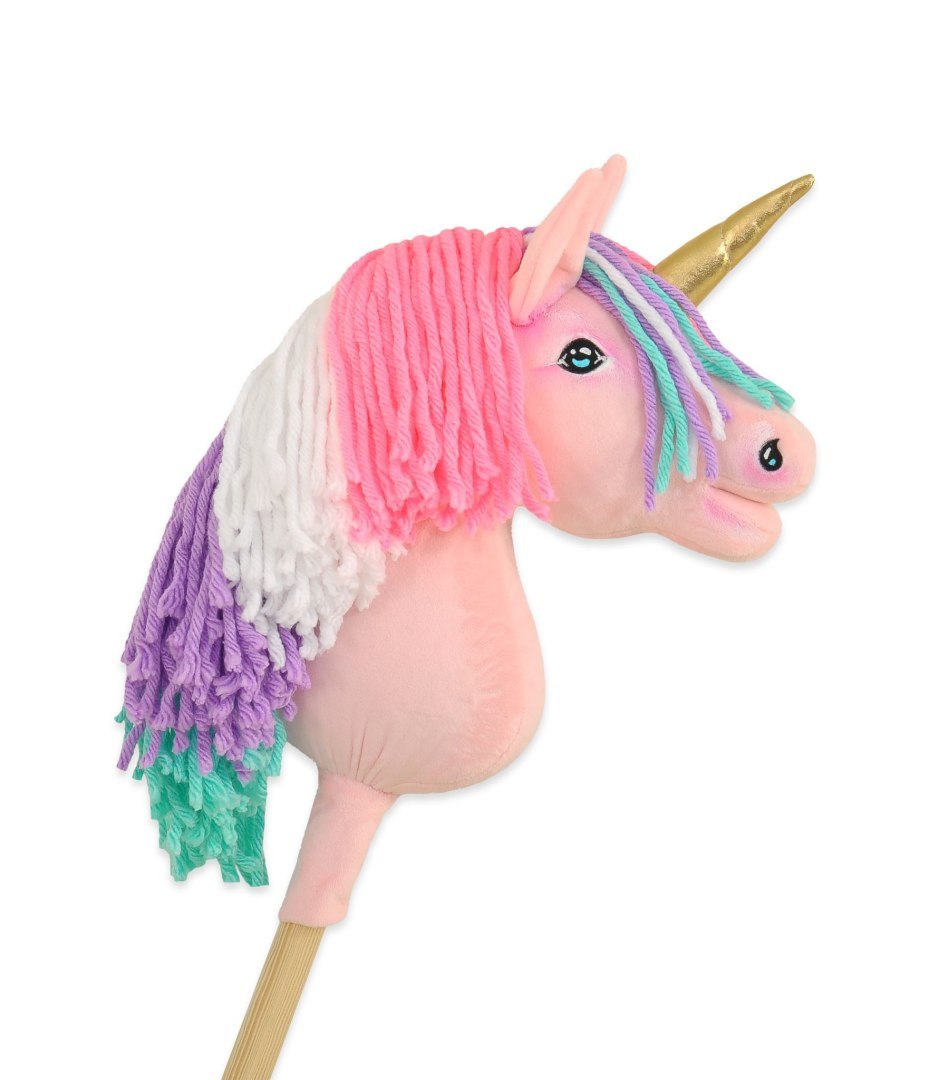 Hobby Horse Jednorożec na kiju mały różowy z kolorową grzywą i złotym rogiem