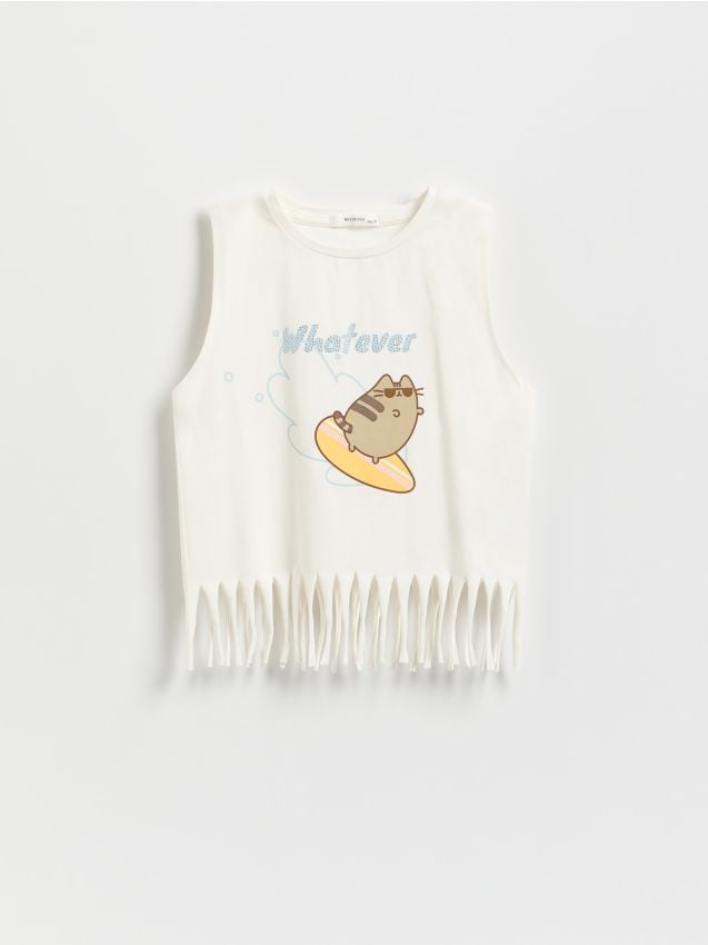 Reserved - T-shirt z frędzlami Pusheen - złamana biel
