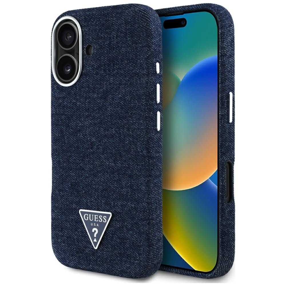 Etui Guess Denim Triangle Logo MagSafe do iPhone 16 niebieski