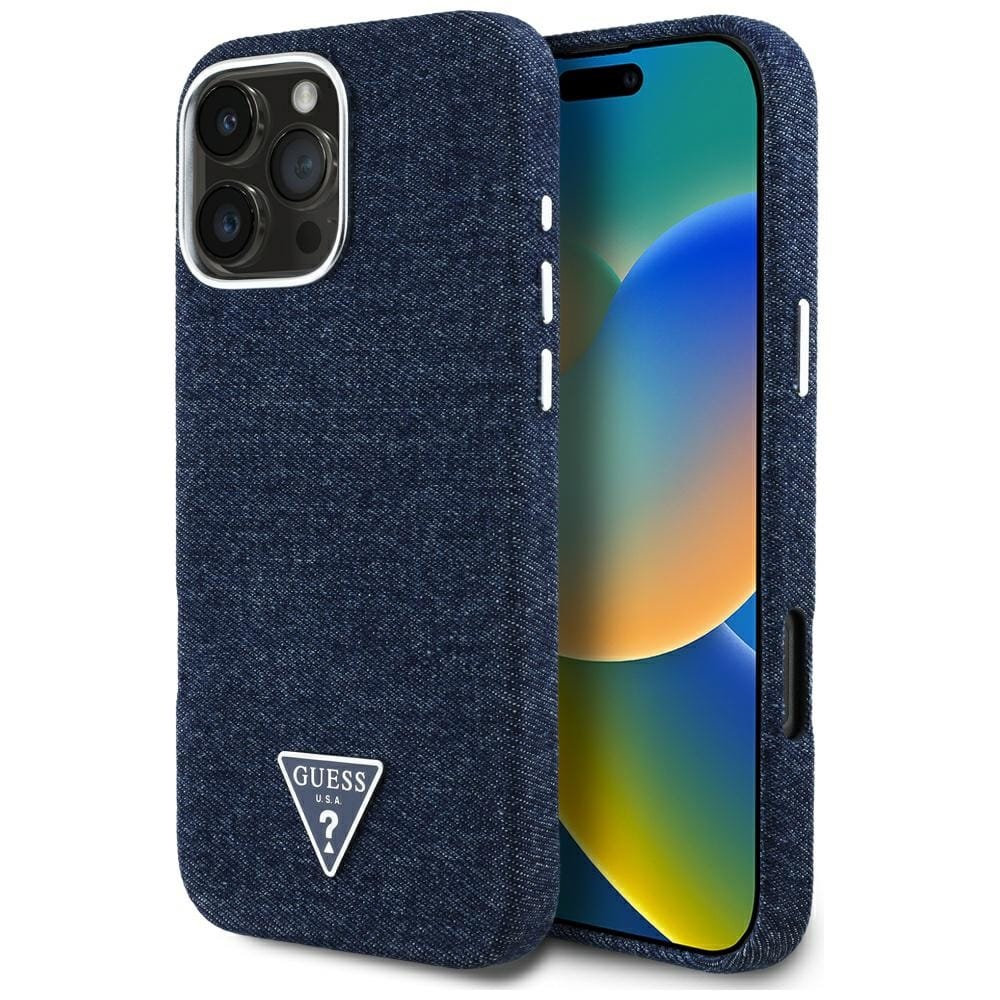 Etui Guess Denim Triangle Logo MagSafe do iPhone 16 Pro niebieski