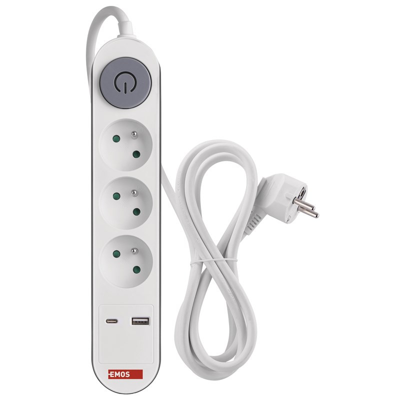 Przedłużacz EMOS Fast Charging, 3x zásuvka, 1×USB-A + 1×USB-C vypínač, 2m