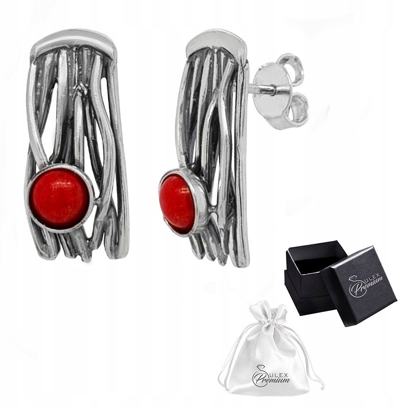 Kolczyki srebrne pr. 925 Eleganckie Sztyfty Oksydowane z Koralem