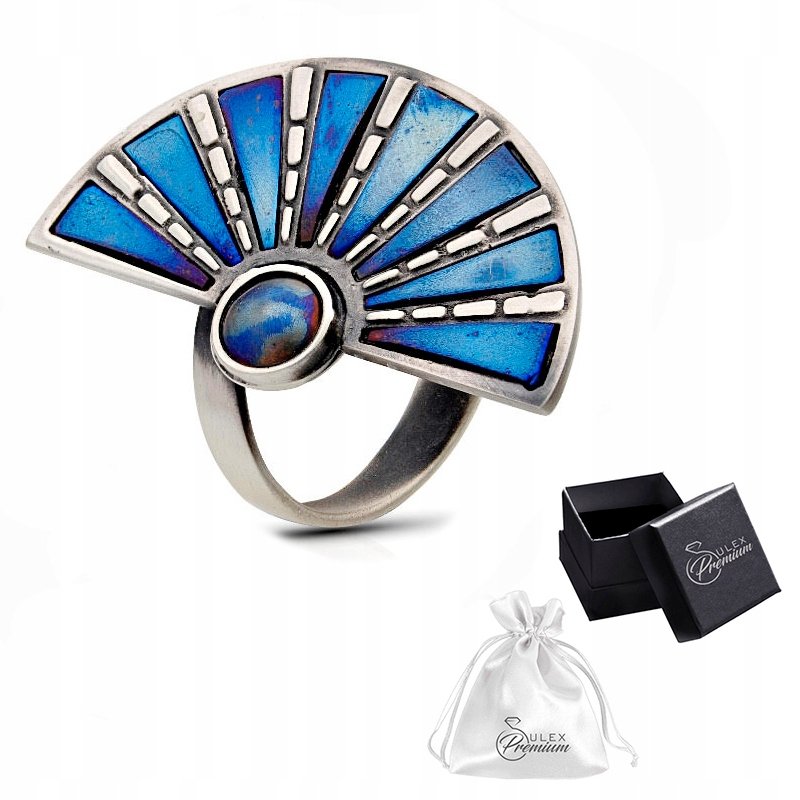 Pierścionek z niebieskim tytanem srebro 925 Wachlarz rękodzieło Handmade