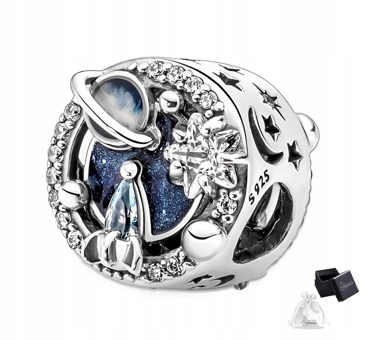 Charms srebro rodowane pr. 925 Galaktyka Srebrny Niebieski Na Prezent
