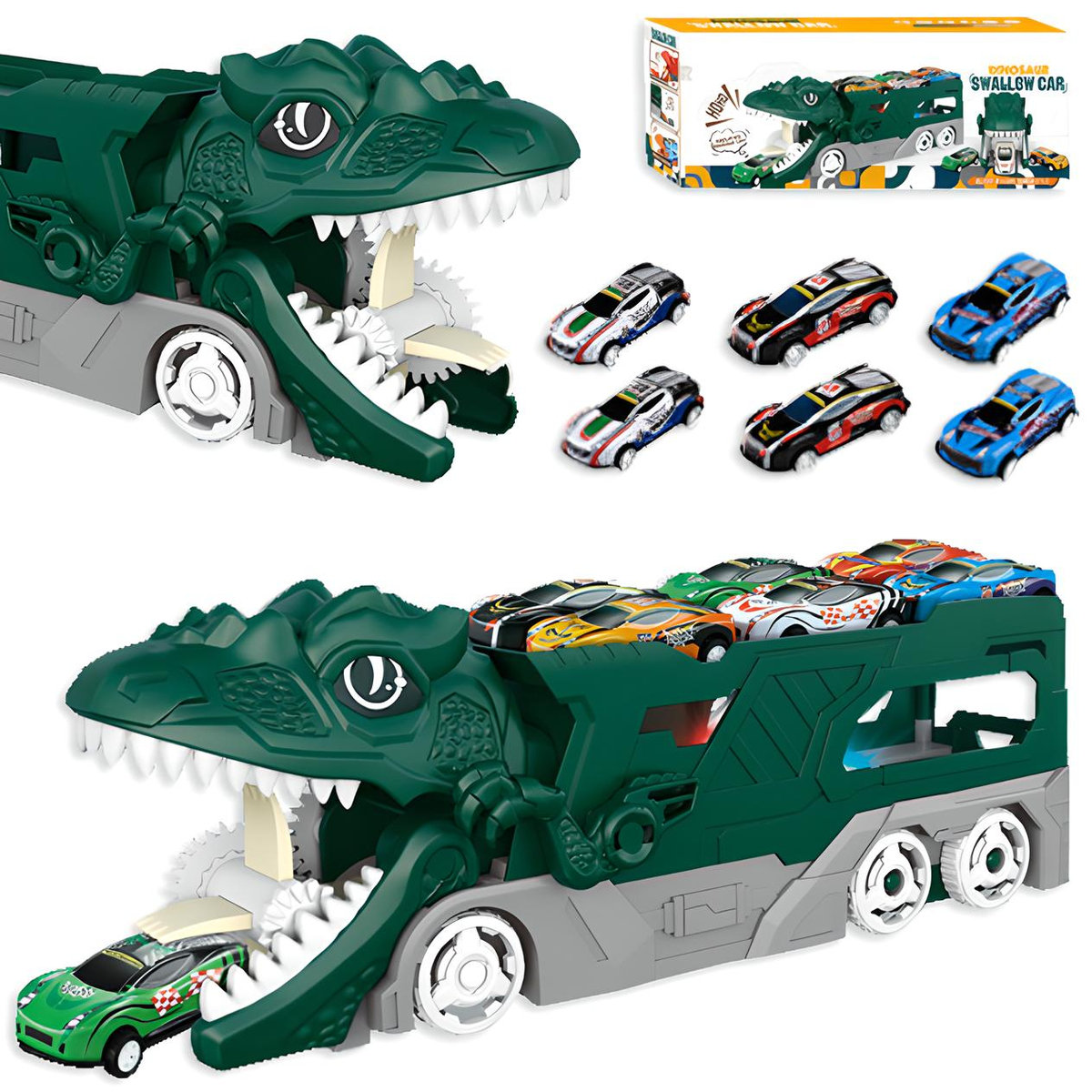 DUŻY ZESTAW SAMOCHODÓW dinozaur pożerający AUTKA dźwięk LED + 6 RESORAKÓW
