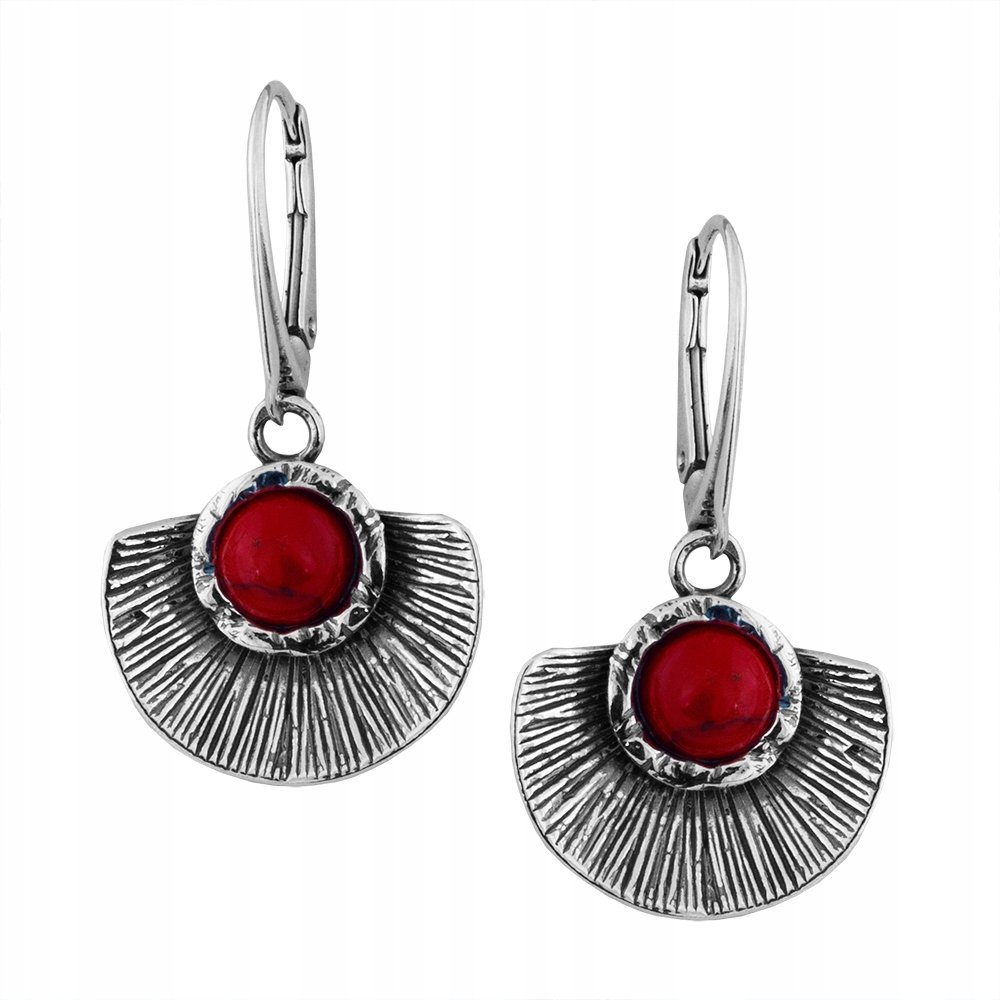 Kolczyki srebrne 925 Eleganckie Wiszące oksydowane z Czerwonym Koralem