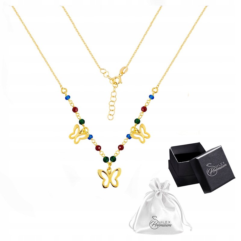 Naszyjnik srebrny pr. 925 Złota Kolia Celebrytka MOTYLE Kolorowe Kamienie