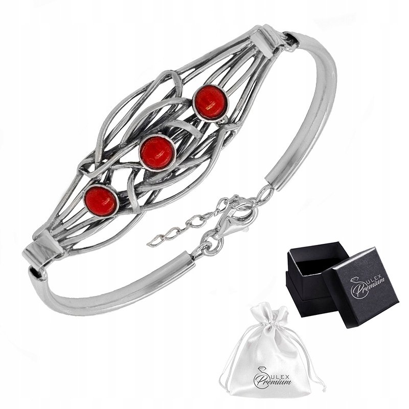 Bransoletka srebrna pr. 925 Elegancka Oksydowana Bransoletka z Koralem