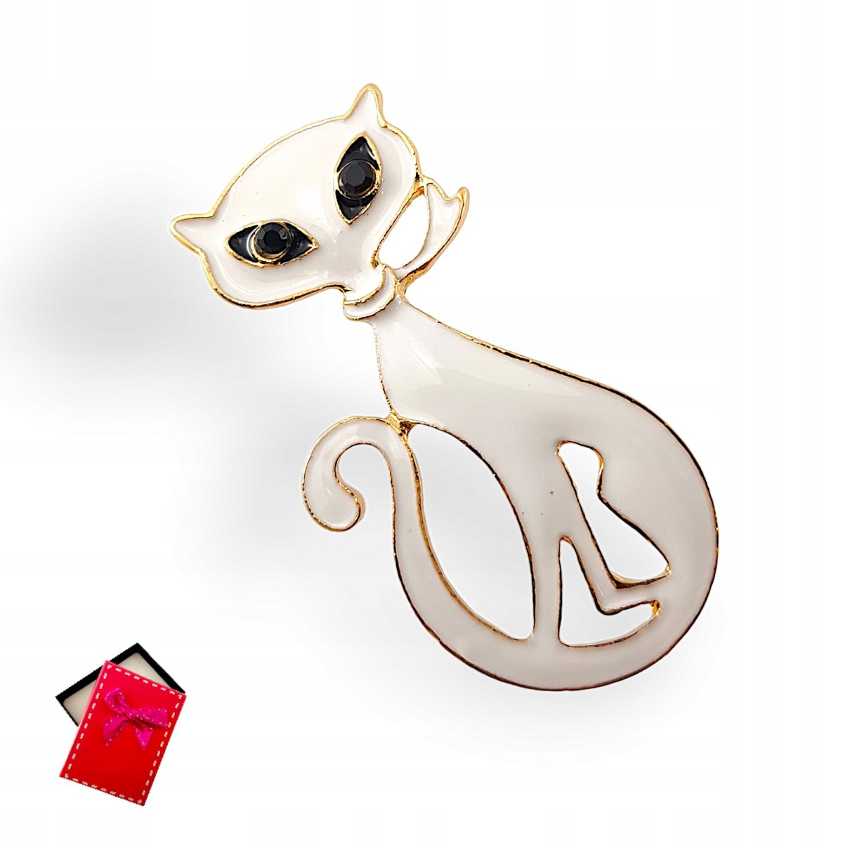 BROSZKA KOTEK BIAŁY EMALIOWANY CZARNE OCZY