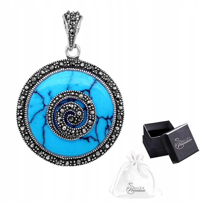 Zawieszka srebrna pr. 925 Okrągły Wisiorek z TURKUSEM i MARKAZYTAMI