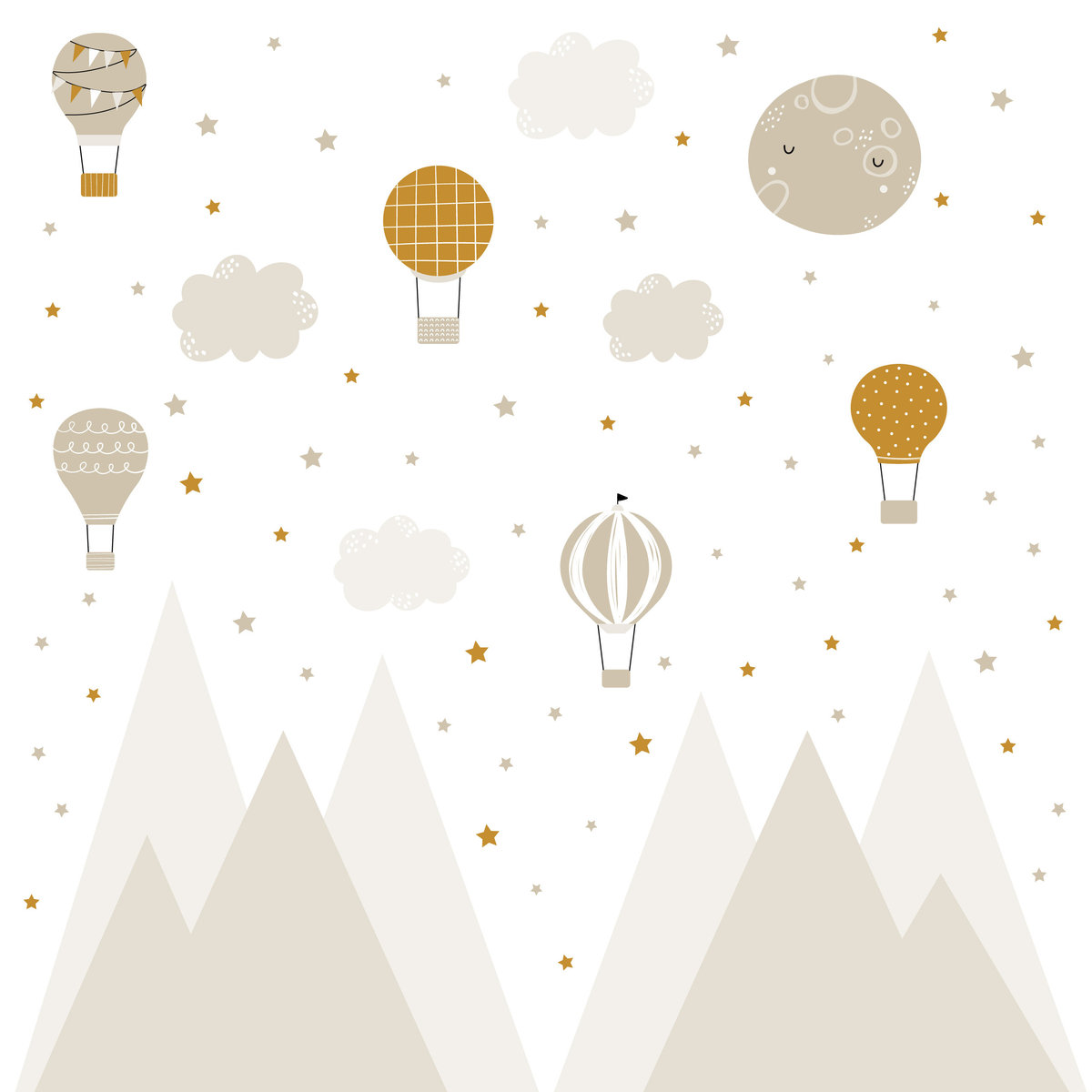 NAKLEJKI NA ŚCIANĘ DLA DZIECI BEŻOWE GÓRY GWIAZDY BALONY CHMURKI ZESTAW 200cm x 130cm