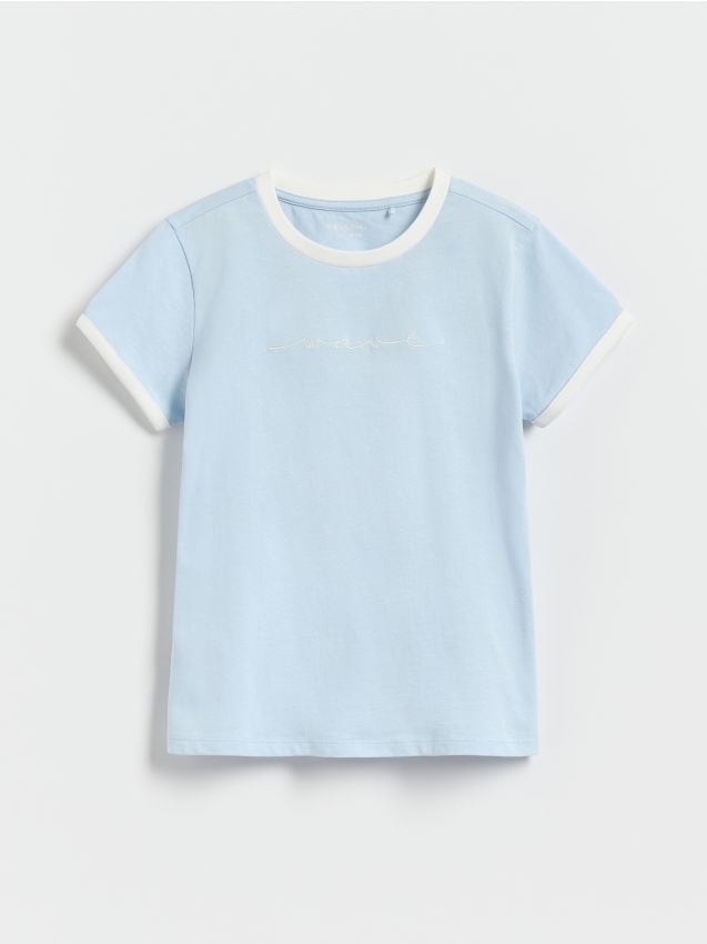 Reserved - Bawełniany t-shirt z haftem - jasnoniebieski