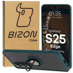 Bizon Etui z uchwytem na palec Case Hybrid Ring do Galaxy S25 Edge, przydymione z ciemnozieloną ramką