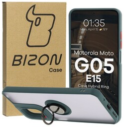 Bizon Etui z uchwytem na palec Case Hybrid Ring do Motorola Moto G05 / E15, przydymione z ciemnozieloną ramką