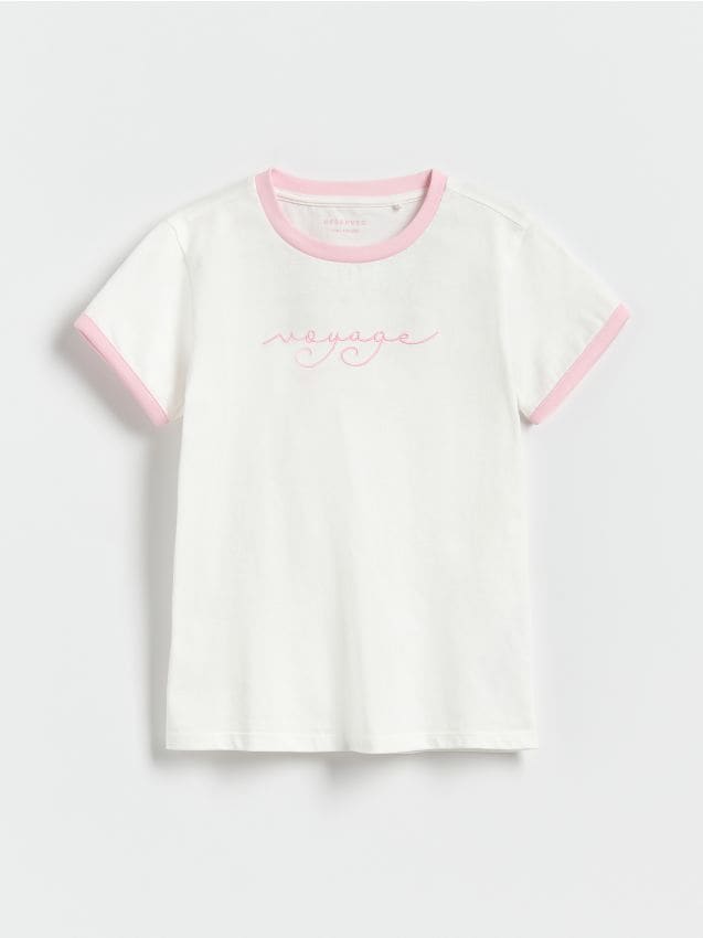Reserved - Bawełniany t-shirt z haftem - złamana biel