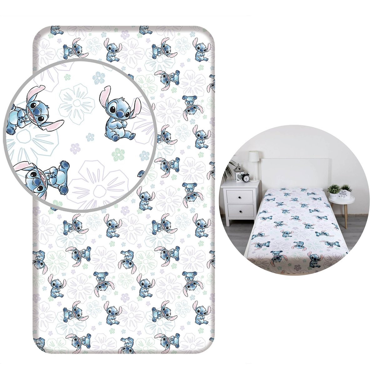 DISNEY Stitch Białe, prześcieradło dla dzieci z gumką, 100% bawełna, 90x200cm+25cm, OEKO-TEX - 90x200 cm