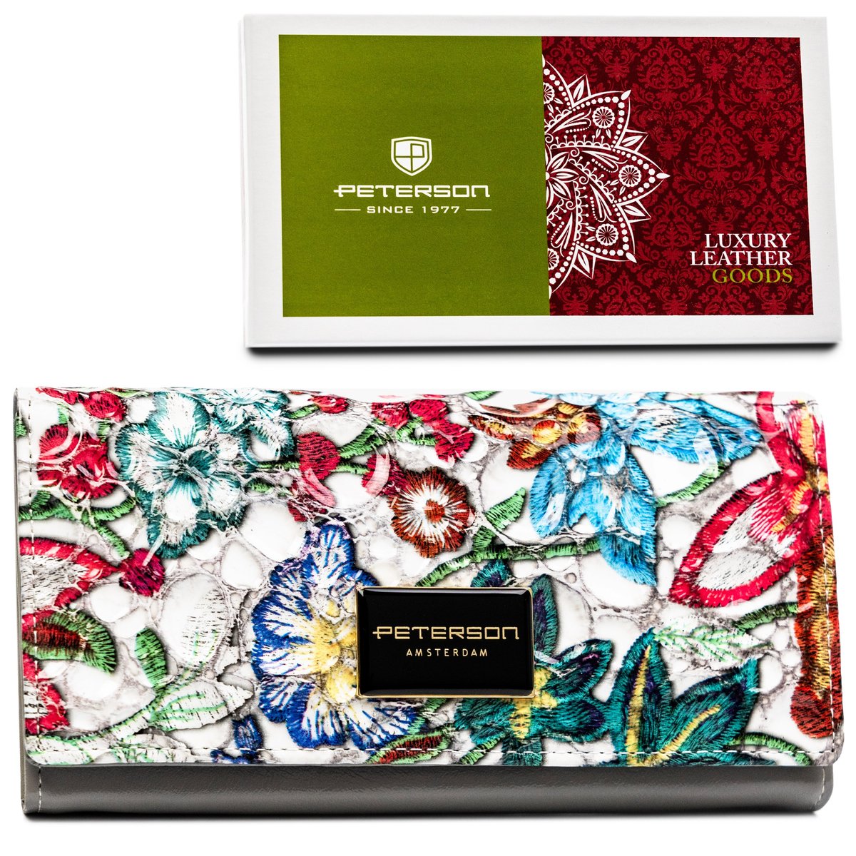 Skórzany kolorowy portfel damski PETERSON duży klasyczny na karty gotówkę bilon na zatrzask schowek na suwak pudełko prezentowe ochrona RFID STOP