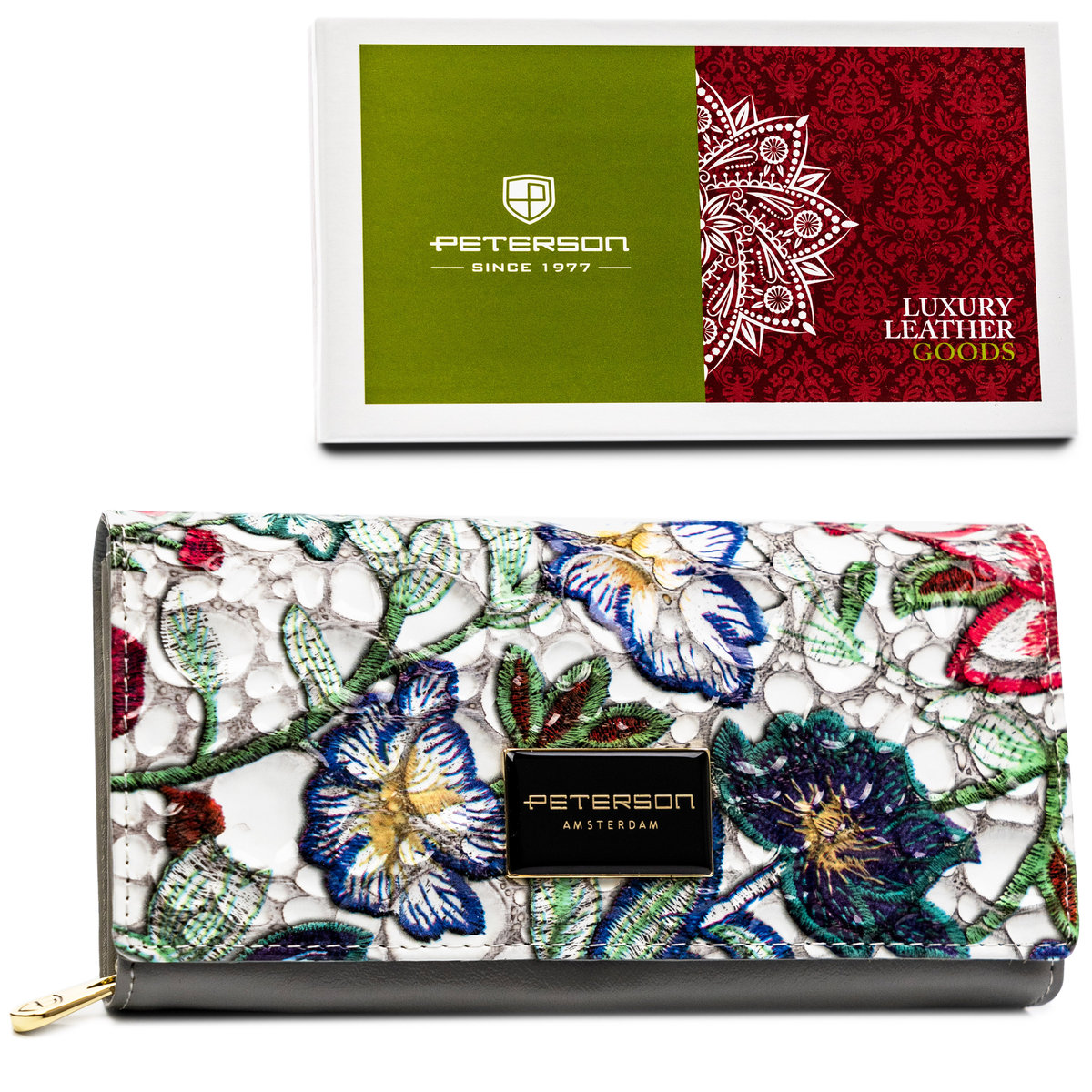 Duży kolorowy portfel damski z lakierowanej skóry naturalnej PETERSON pojemny rozbudowany na karty gotówkę elegancki modny na prezent pudełko produc..