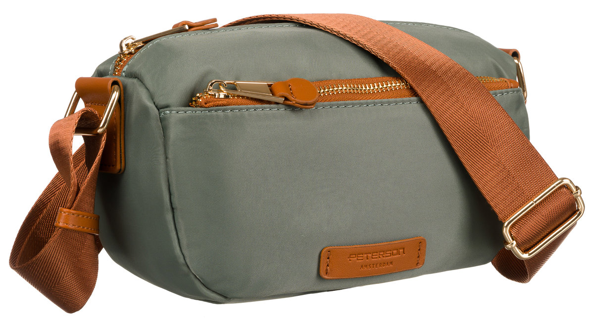 Zielona miejska listonoszka damska z brązowym paskiem PETERSON mała torebka na ramię lekka i pojemna kieszonki na suwak szeroki regulowany pasek mie..