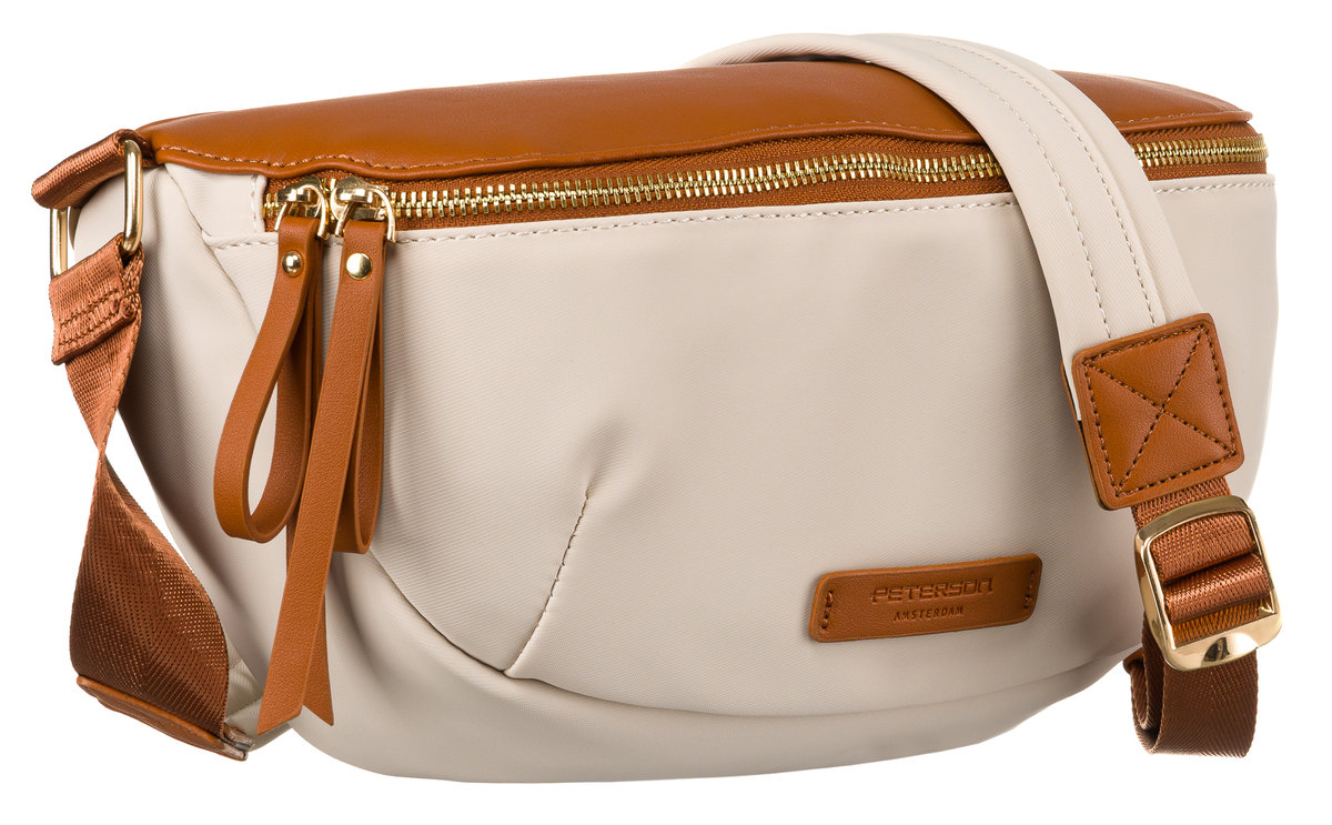 Beżowo brązowa saszetka damska z nylony nerka crossbody na ramię lekka funkcjonalna na suwak kieszonki PETERSON