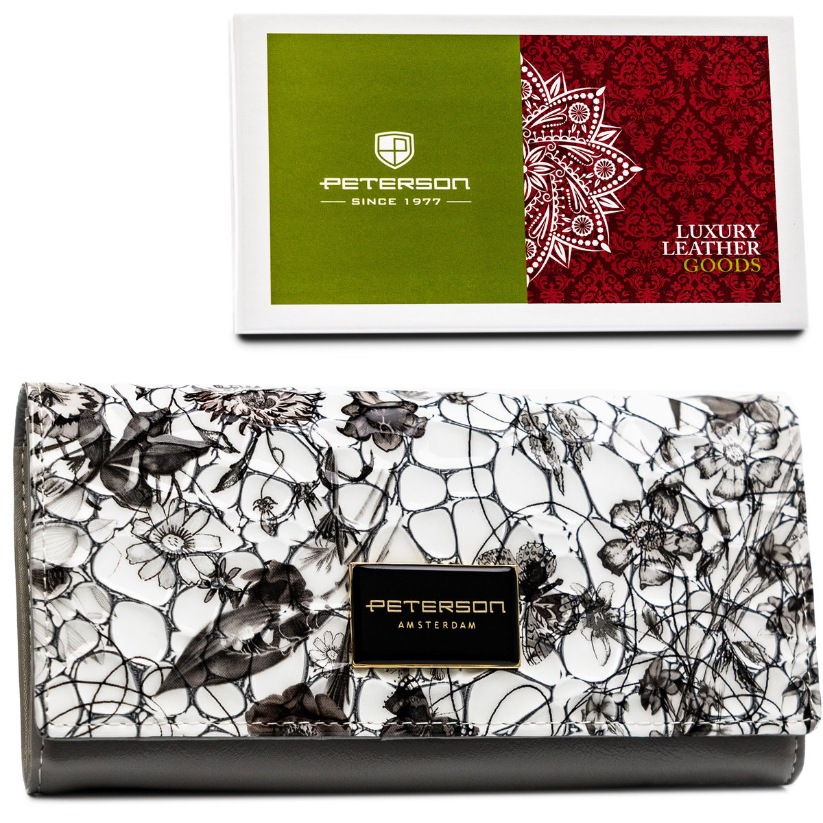 PETERSON Szaro - biało - czarny duży skórzany portfel damski lakierowany elegancki rozbudowany kieszeń na bilon zamykana suwakiem pudełko prezentowe..