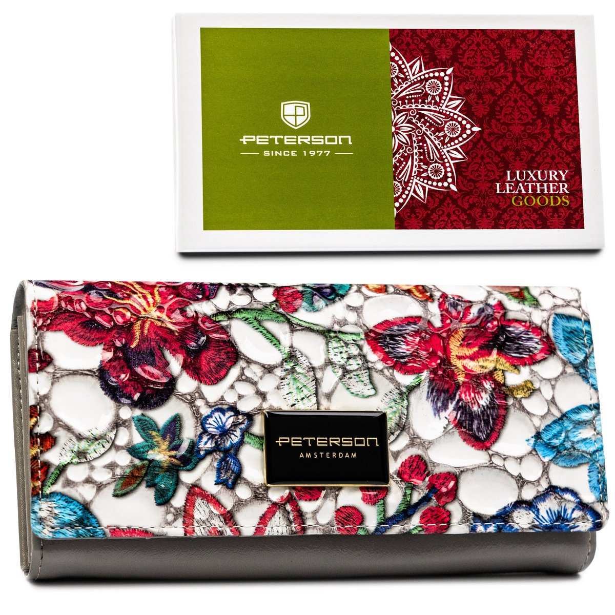 Duży klasyczny portfel damski z lakierowanej skóry naturalnej szary z kolorową klapką PETERSON rozbudowany na karty gotówkę pudełko prezentowe ochro..