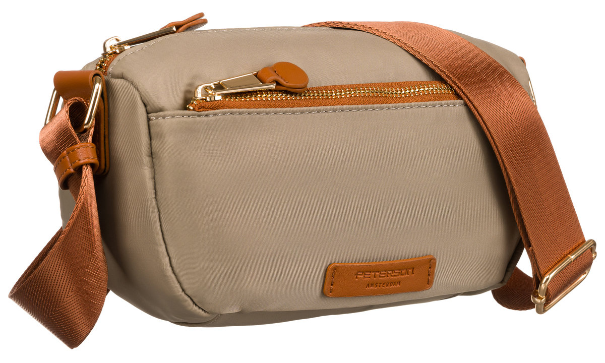 PETERSON Modna listonoszka damska khaki z brązowym wykończeniem mała torebka na ramię lekka miejska na suwak szeroki regulowany pasek kieszonki poje..