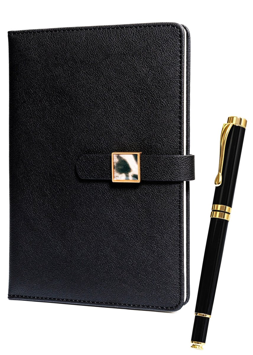 PETERSON Elegancki zestaw notes + długopis notes A5 w linie twarda czarna okładka zamykanie magnetyczne czarno - złoty metalowy długopis z wymiennym..